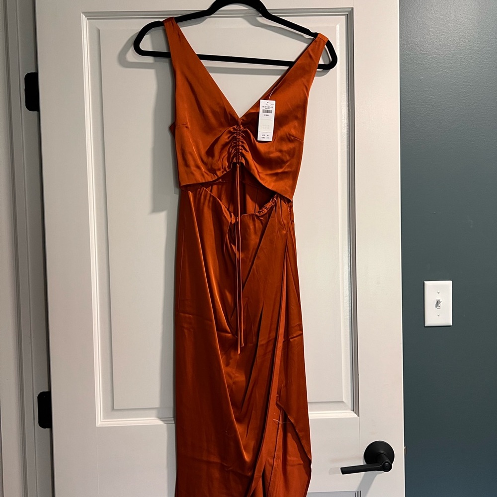 Abercrombie & Fitch Satin Midi Dress in Burnt Orange